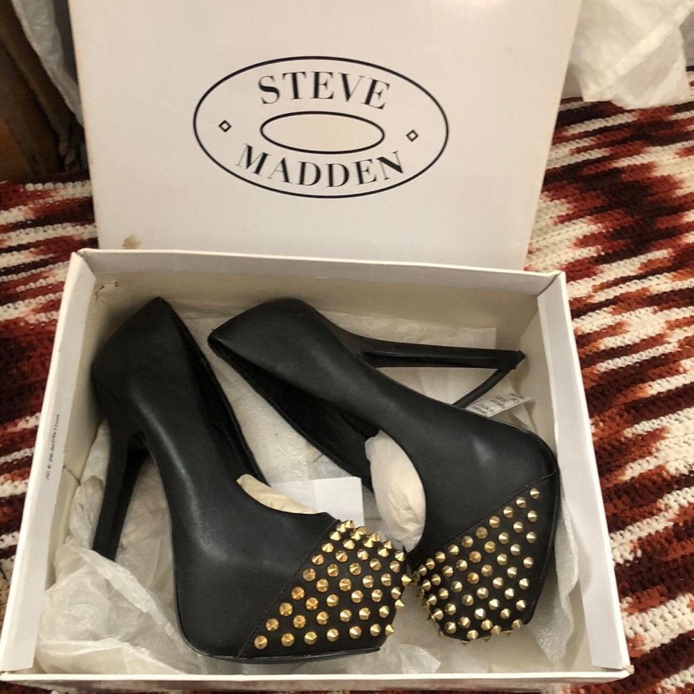 Bolddd Gold Spiked Studded Leather Pumps Stiletto Stripper High Platform Heels